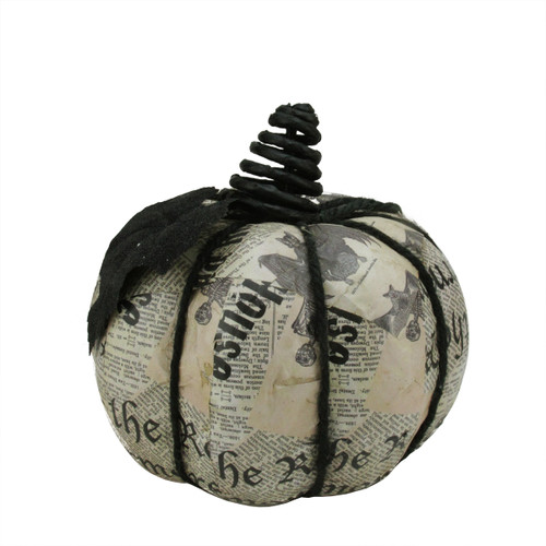 7" Black and Gray Glittered Newspaper Decoupage Halloween Pumpkin Decor - IMAGE 1