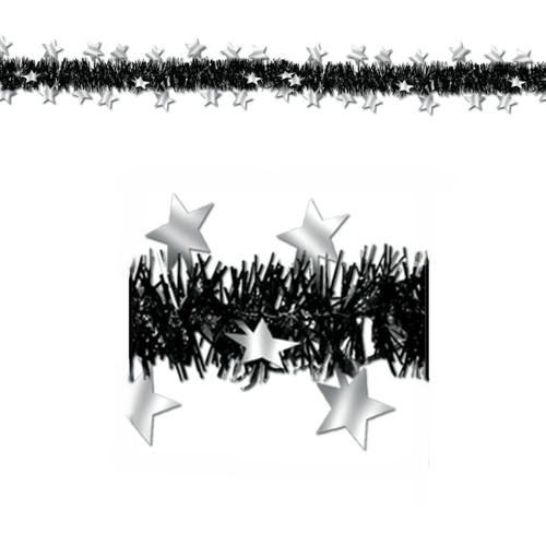 Star Metallic Tinsel Party Garlands - 12' -  Black and Silver - Club Pack of 12 - IMAGE 1