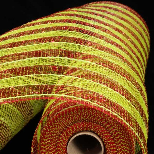 Lime Green and Red Striped Deco Mesh Craft Ribbon 21" x 20 Yards - IMAGE 1