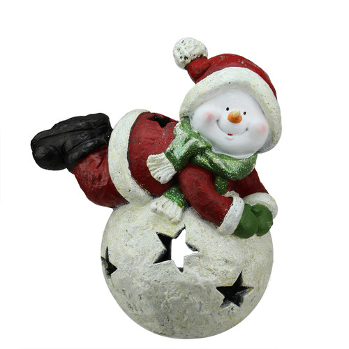 15" Red and Green Snowman on Snowball Christmas Tea Light Candle Holder - IMAGE 1