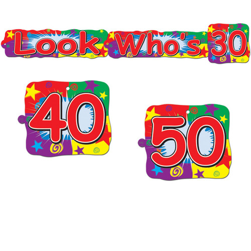 Club Pack of 12 Vibrantly-Colored Look Who's 30, 40 or 50 Streamer Party Decorations 30" - IMAGE 1