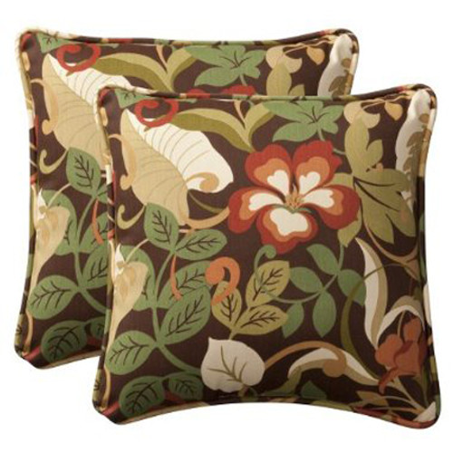 Set of 2 Green and Brown Floral Square Outdoor Corded Throw Pillows 18.5-Inch - IMAGE 1