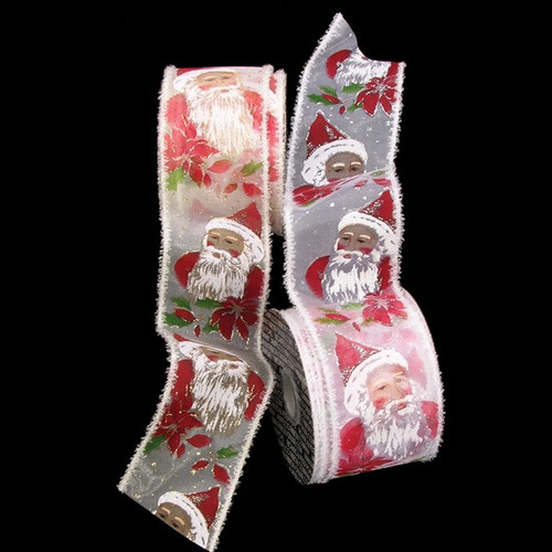 Sheer White and Red Santa Claus Print Wired Craft Ribbon 2.5" x 20 Yards - IMAGE 1