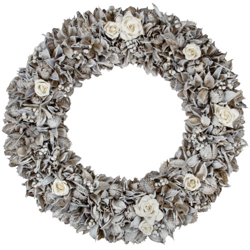White Glittered Rose and Walnut Shell Artificial Christmas Wreath - 19-Inch, Unlit - IMAGE 1