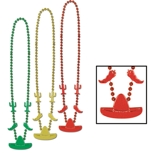 Club Pack of 12 Yellow and Red Beaded Mexican Fiesta Party Necklaces 33" - IMAGE 1