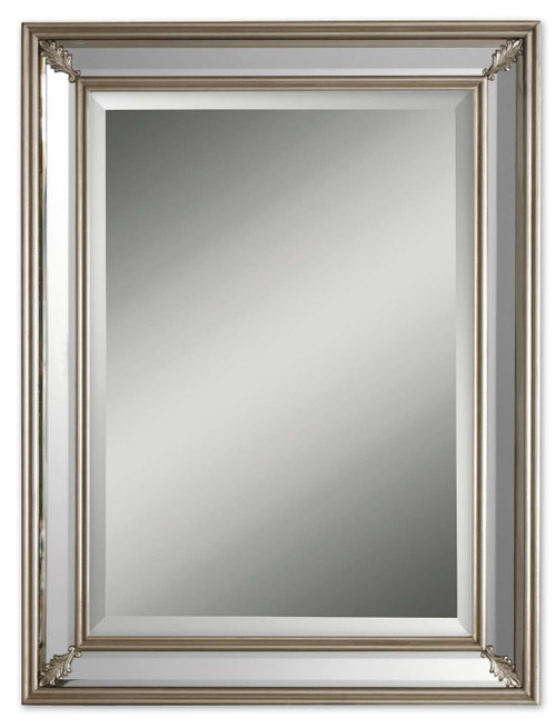 34" Antiqued Style Silver Framed Decorative Beveled Rectangular Mirror - IMAGE 1
