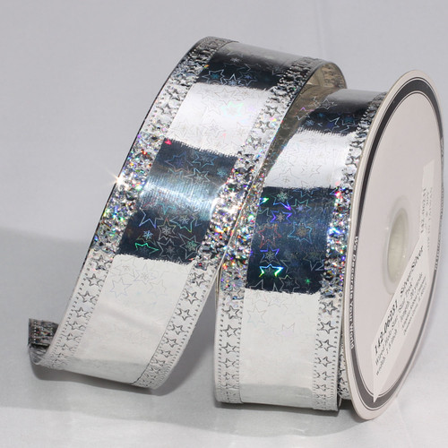 Silver and Gray Holographic Stars Wired Craft Ribbon 1.5" x 20 Yards - IMAGE 1