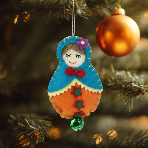 4" Turquoise Blue and Green Plush Felt Doll with Jingle Bell Christmas Ornament - IMAGE 1