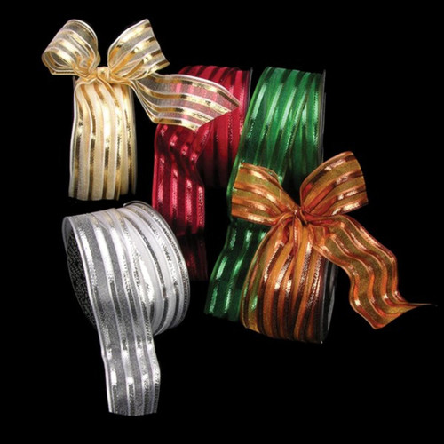 Sheer Gold Colored Stripes French Wired Craft Ribbon 1.5" x 27 Yards - IMAGE 1