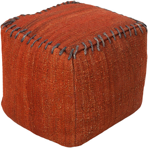 18" Brick Orange and Gray Stitched Jute Square Pouf Ottoman - IMAGE 1