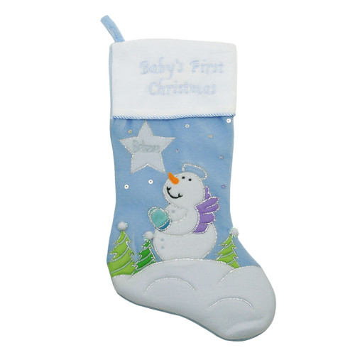 20" Blue "Baby's First Christmas" Velveteen Snowman Angel Christmas Stocking - IMAGE 1