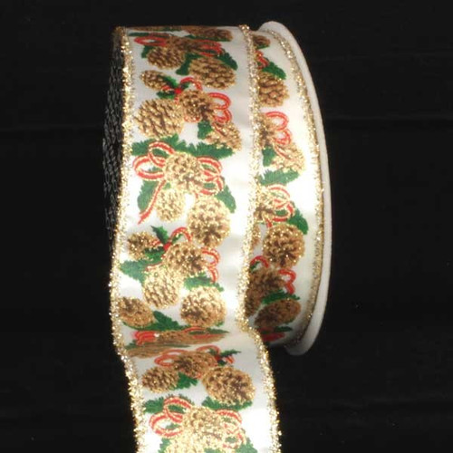 Ivory and Gold Pinecones Wired Craft Ribbon 2.5" x 20 Yards - IMAGE 1