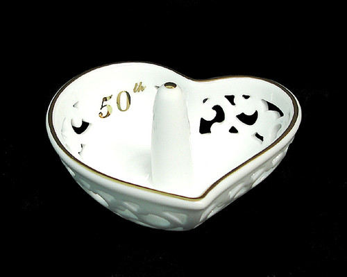 4" Golden 50th Anniversary Porcelain Heart Shaped Ring Holder #45657 - IMAGE 1