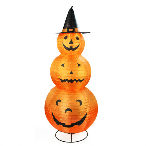 48" Orange and Black Pre-Lit Pumpkins with Witch Hat Halloween Outdoor Decoration - IMAGE 1