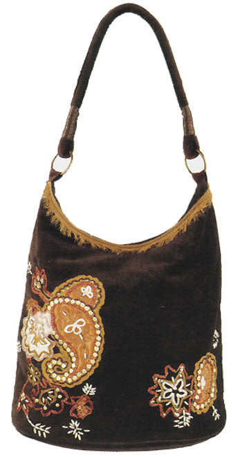 Maggi B Soft Touch Velour Brown Paisley Appliqué Hobo Bag - IMAGE 1