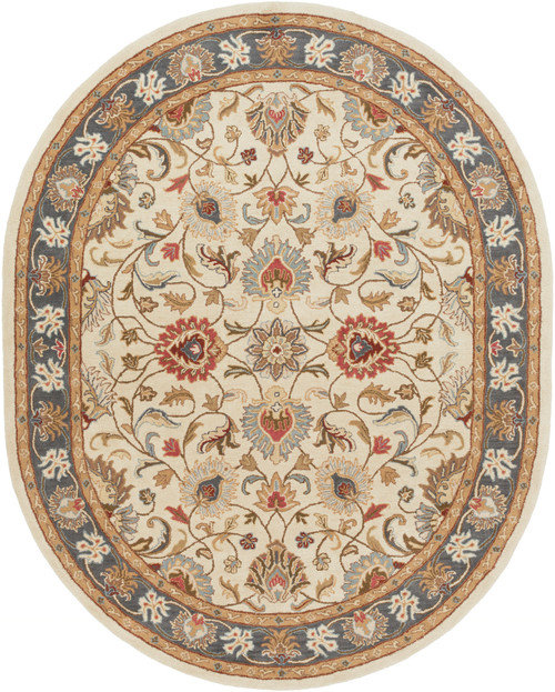 8' x 10' Floral Blue and Ivory Hand Tufted Oval Wool Area Throw Rug - IMAGE 1