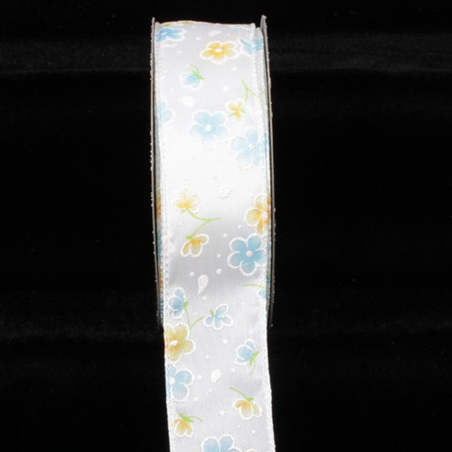 White and Blue Flower Print with Pearl Edge Wired Craft Ribbon 1.5" x 80 Yards - IMAGE 1