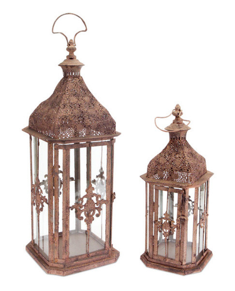 Set of 2 Brick Brown Antique Rustic Pillar Candle Holder Lanterns 24" - IMAGE 1