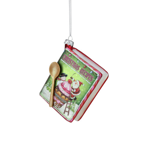 4" Red and Green Glittered "CHRISTMAS RECIPES" Glass Book Ornament - IMAGE 1
