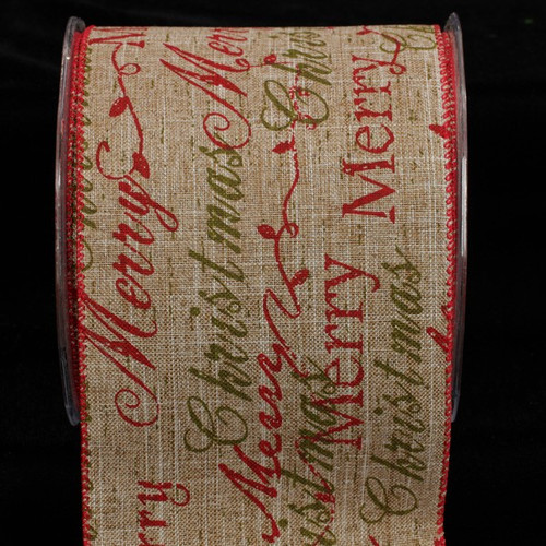 Red and Green Holiday Script Wired Christmas Craft Ribbon 4" x 20 Yards - IMAGE 1