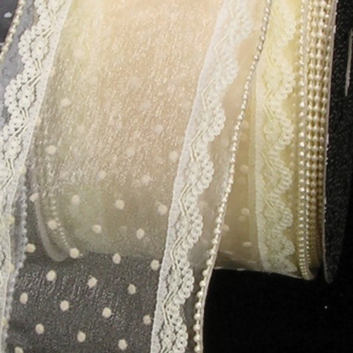 Shimmering Pearl and Cream White Sheer Dots Lace Wired Craft Ribbon 4" x 20 Yards - IMAGE 1