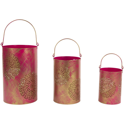 Set of 3 Fuchsia Pink and Gold Floral Laser-Cut Pillar Candle Lanterns - IMAGE 1
