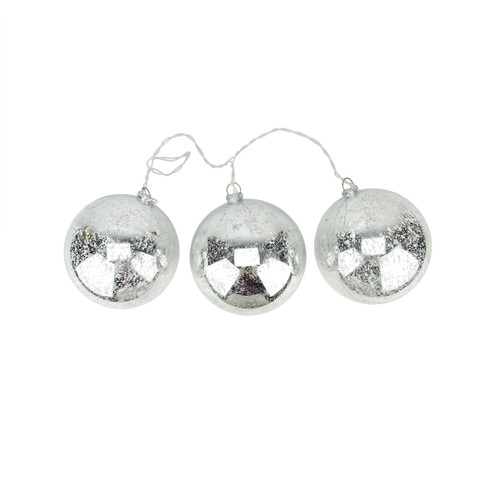 Set of 3 Lighted Silver Mercury Glass Finish Ball Christmas Ornaments - Clear Lights - IMAGE 1