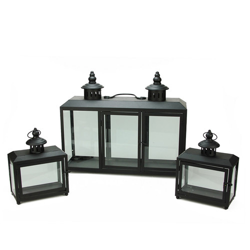 Set of 3 Decorative Black Wide Colonial Design Glass Pillar Candle Lanterns 7.75" - 19.75" - IMAGE 1