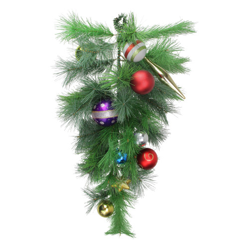 24" Pre-Decorated Multi-Color Ornament Long Needle Pine Artificial Christmas Teardrop Swag - Unlit - IMAGE 1