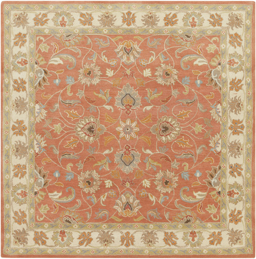 4' x 4' Floral Clay Red and Beige Hand Tufted Square Wool Area Throw Rug - IMAGE 1