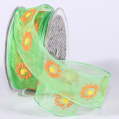 Green and Orange Floral Wire Edged Craft Ribbon 1.5" x 27 Yards - IMAGE 1