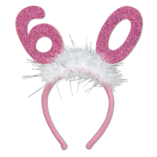 Club Pack of 12 Pink Glittered "60" Bopper Headband Party Favor Costume Accessories - IMAGE 1