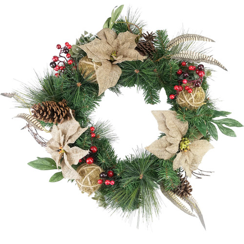 Mixed Pine Berry and Burlap Poinsettia Artificial Christmas Wreath - 24-Inch, Unlit - IMAGE 1