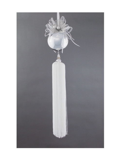 21" Silver and White Snow Drift Ball with Tassel Christmas Ornament - IMAGE 1