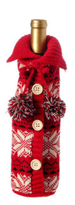 11" Alpine Chic Red, Black and Cream Snowflake Nordic Design Knit Christmas Wine Bottle Cover - IMAGE 1