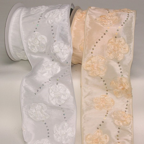 White and Beige Sequined Flowers Wired Craft Ribbon 4" x 10 Yards - IMAGE 1