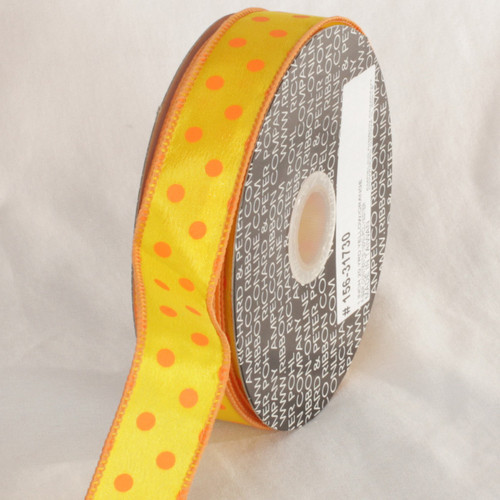 Yellow and Orange Polka Dots Printed Wired Craft Ribbon 1" x 80 Yards - IMAGE 1