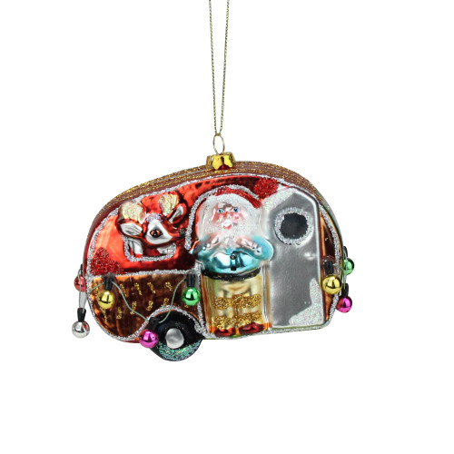 4.25" Glittered Santa and Reindeer in Camper Trailer Glass Christmas Ornament - IMAGE 1