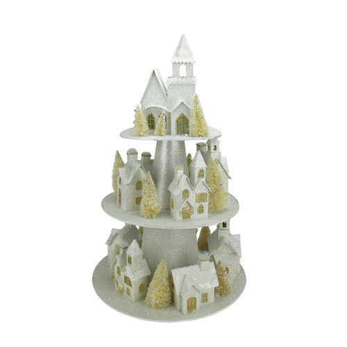 25" Silver and Gold Glitter Lighted 3-Tier Christmas House Display Decoration - IMAGE 1