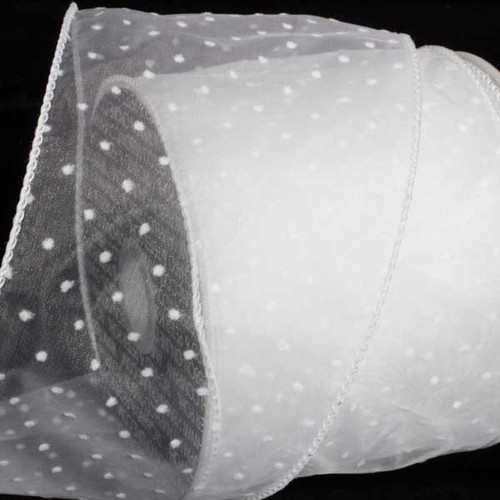 White Polka Dotted Wired Craft Ribbon 4" x 40 Yards - IMAGE 1