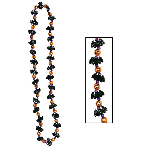 Club Pack of 12 Black and Orange Bat Beaded Halloween Necklaces Costume Accessory 36" - IMAGE 1