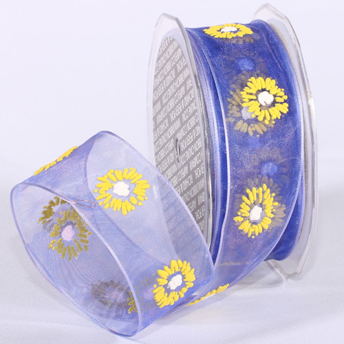 Blue and Yellow Floral Wire Edged Craft Ribbon 1.5" x 27 Yards - IMAGE 1