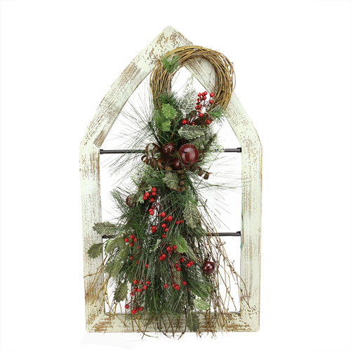 29.5" White Window Frame with Mixed Pine and Berry Swag Christmas Wall Decoration - IMAGE 1