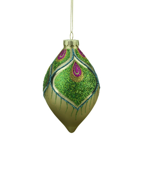 5.5" Regal Peacock Gold and Green Glittered Glass Finial Christmas Ornament - IMAGE 1