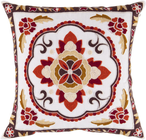 18" Brown and Orange Bordered Floral Square Throw Pillow - IMAGE 1