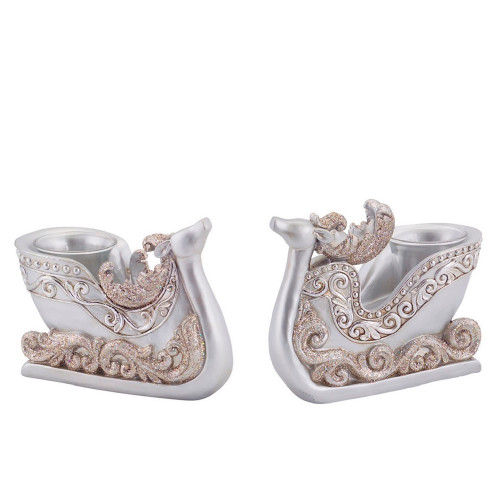 Set of 2 Silver Reindeer Sleigh Christmas Tea Light Candle Holders 4.5" - IMAGE 1