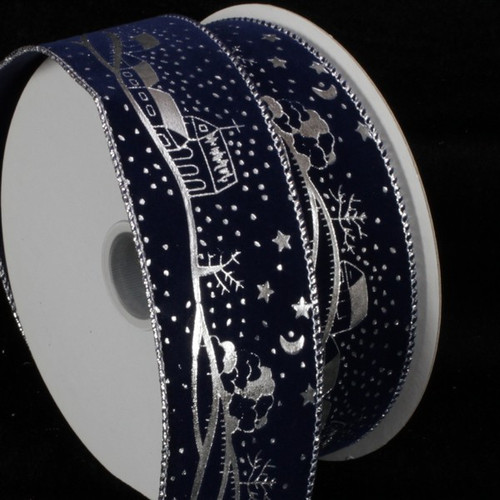 Navy Blue and Silver Winter's Night Wire Edged Craft Ribbon 2" x 20 Yards - IMAGE 1