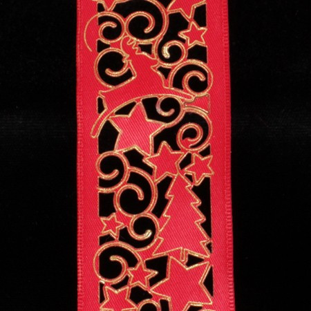 Red Deer, Stars, and Trees Cut Out Wired Craft Ribbon 1.5" x 27 Yards - IMAGE 1