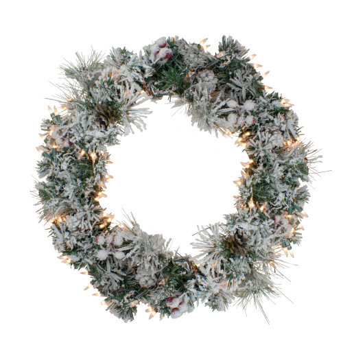 24" Pre-lit Heavily Flocked Berries and Pine Cones Artificial Christmas Wreath - Clear Lights - IMAGE 1