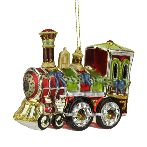 5.5" Red and Green Train Glass Christmas Ornament - IMAGE 1